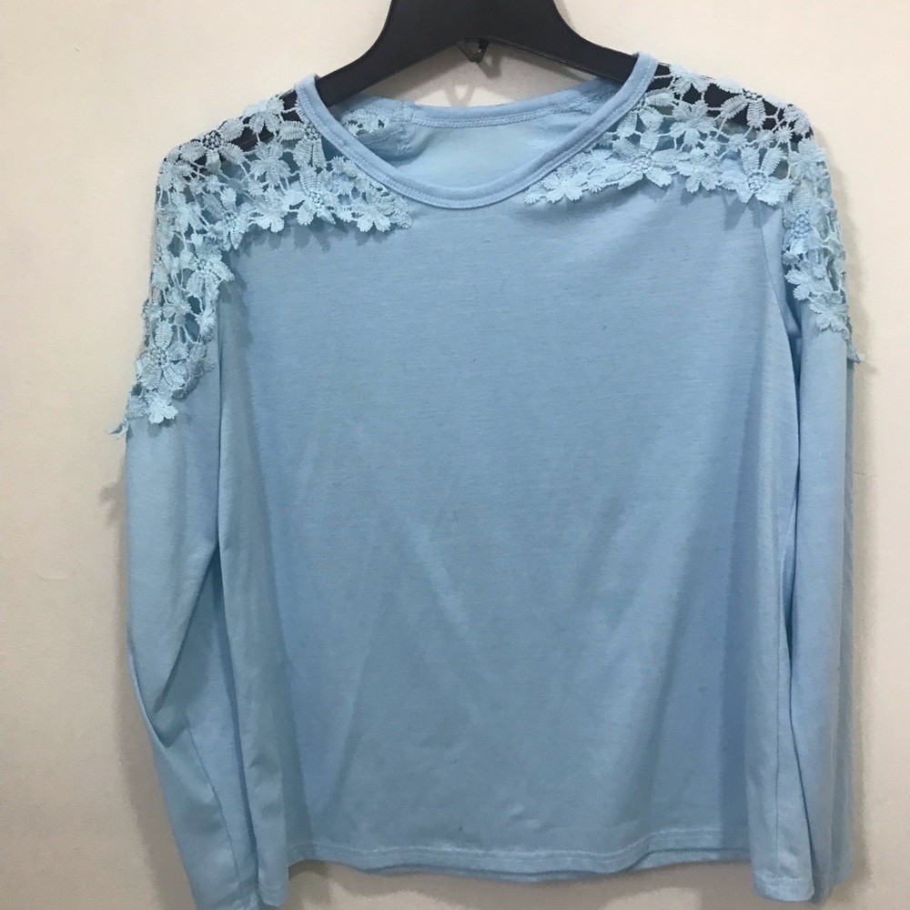 Women’s Light Blue Lace Shoulder Long-Sleeve Blouse - Picture 2 of 4